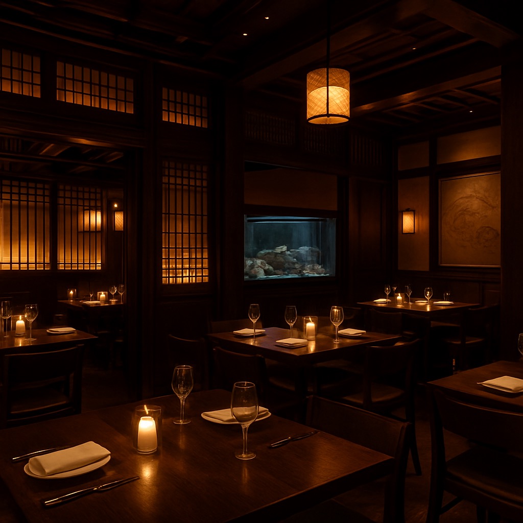 Haean's candlelit dining room with warm wood tables