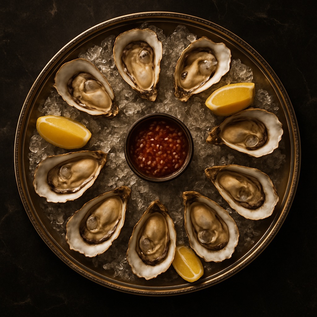 Pacific oysters on crushed ice with ginger mignonette