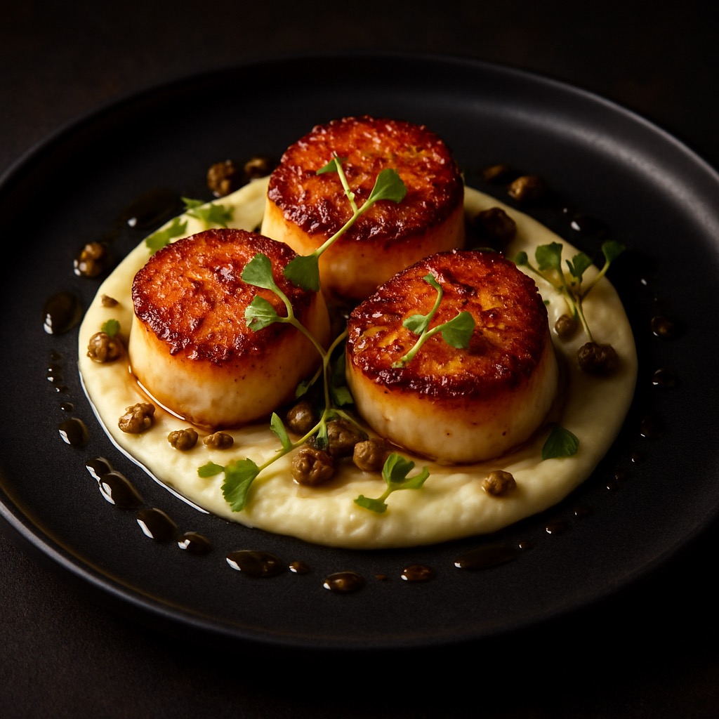 Seared diver scallops with cauliflower purée