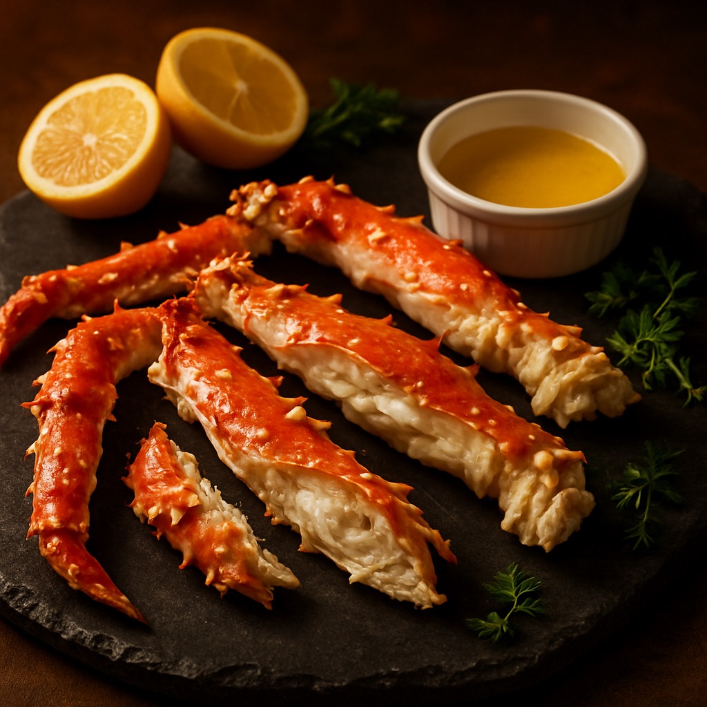Alaskan king crab legs on a stone board